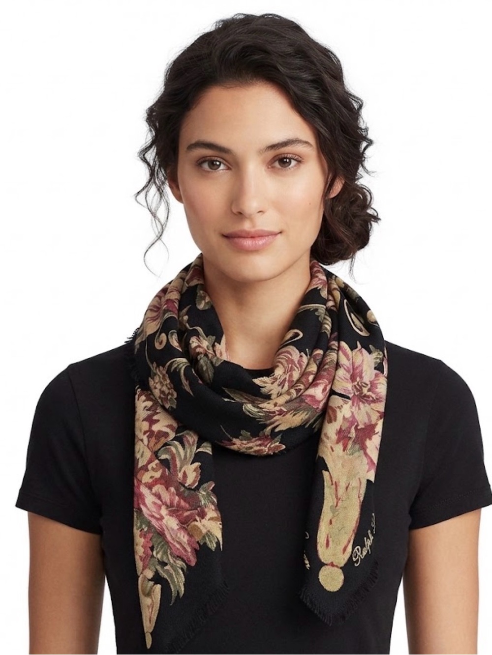 Vintage Ralph Lauren Black Floral Tapestry Wool Square Scarf Made in Japan